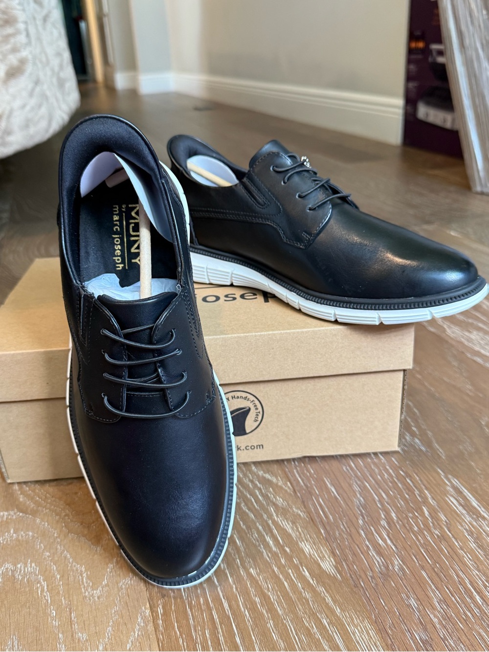 Marc Joseph Black Leather Lace-Up Oxford with White Contrast Sole Slip on And Go
